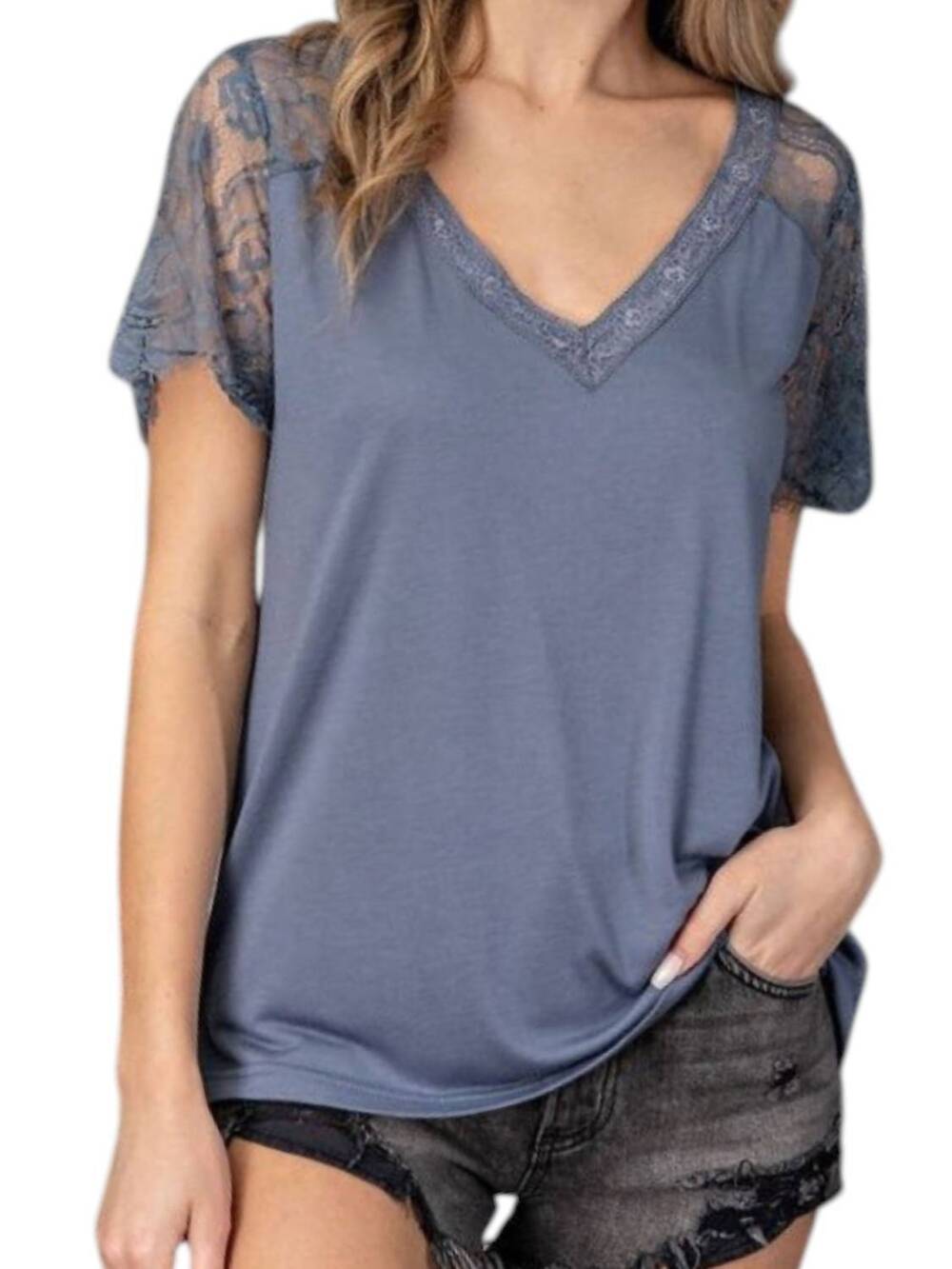 NEW EE:SOME lace trim v-neck top in blue
